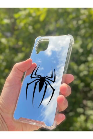 Samsung Galaxy A12 Uyumlu Aynalı Spider Desenli Darbe Kamera Korumalı Silikon Telefon Kılıfı