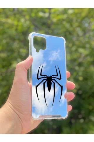 Samsung Galaxy A12 Uyumlu Aynalı Spider Desenli Darbe Kamera Korumalı Silikon Telefon Kılıfı