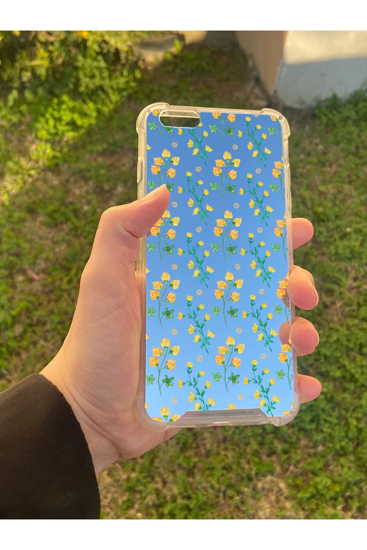 İphone 6 Plus Uyumlu Aynalı Sarı Çiçek Desenli Darbe Kamera Korumalı Silikon Telefon Kılıfı