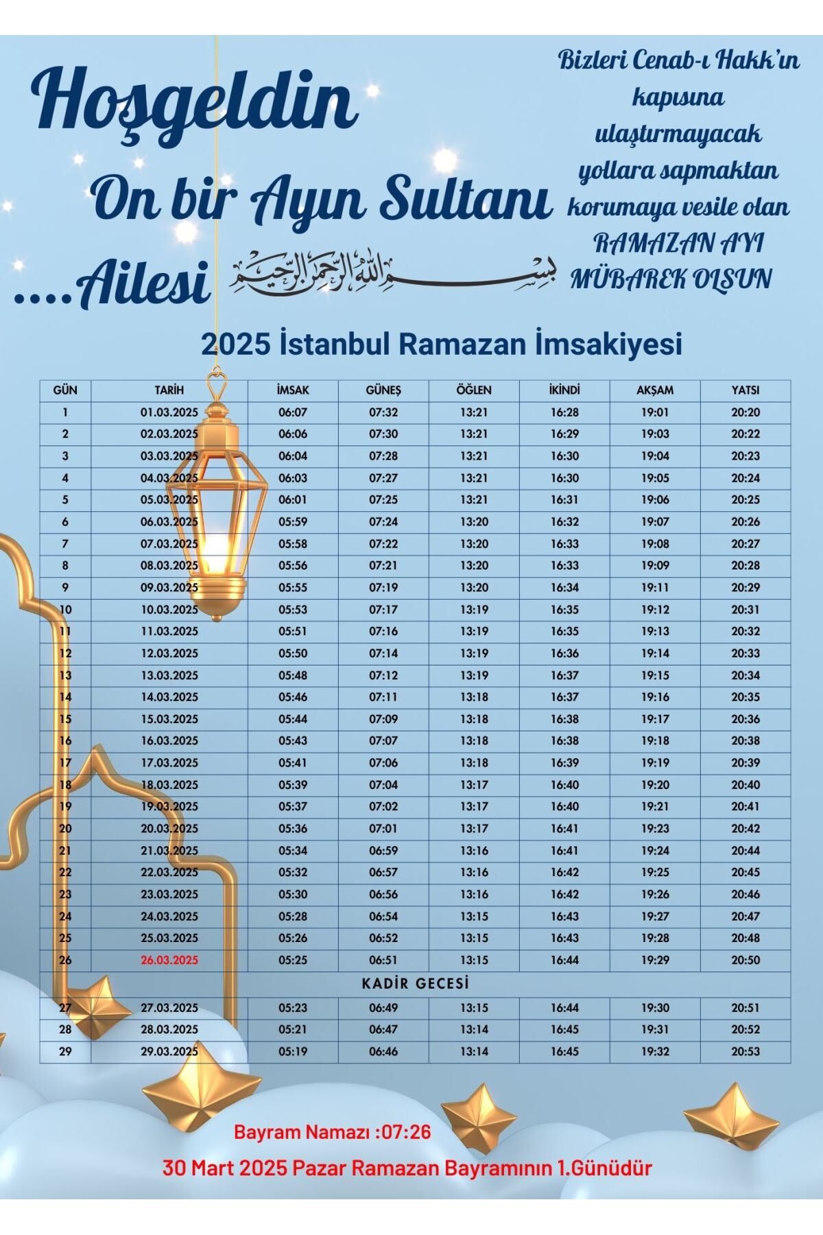 Ramazan İmsakiyesi Modern Kişiye Özel Tasarımlı Dijital Baskı 10 Adet A4 300 gr Model 18