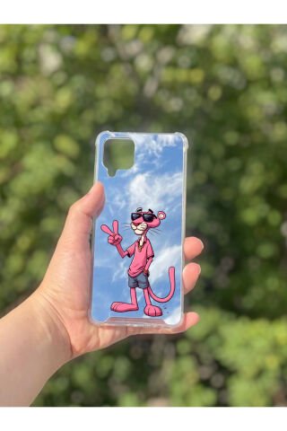 Samsung Galaxy A12 Uyumlu Aynalı Pembe Panter Desenli Darbe Kamera Korumalı Silikon Telefon Kılıfı