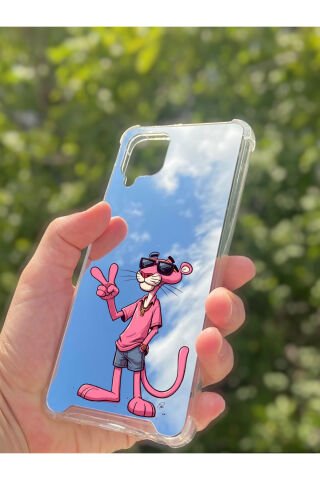 Samsung Galaxy A12 Uyumlu Aynalı Pembe Panter Desenli Darbe Kamera Korumalı Silikon Telefon Kılıfı