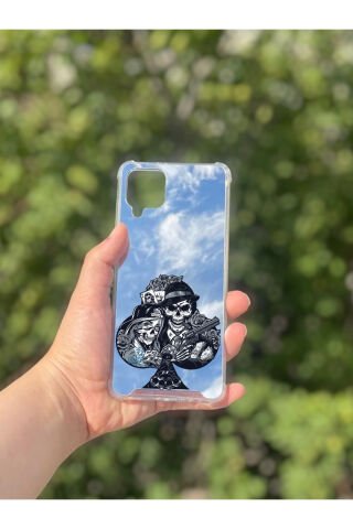 Samsung Galaxy A12 Uyumlu Aynalı Siyah Desenli Darbe Kamera Korumalı Silikon Telefon Kılıfı