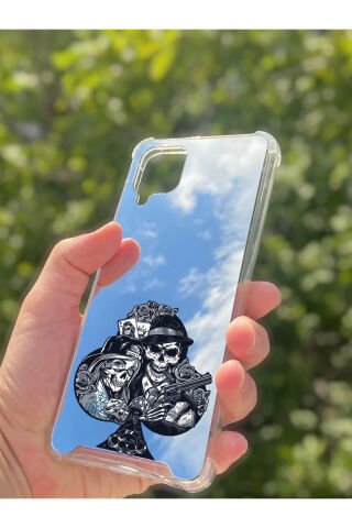 Samsung Galaxy A12 Uyumlu Aynalı Siyah Desenli Darbe Kamera Korumalı Silikon Telefon Kılıfı