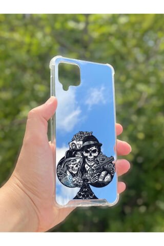Samsung Galaxy A12 Uyumlu Aynalı Siyah Desenli Darbe Kamera Korumalı Silikon Telefon Kılıfı