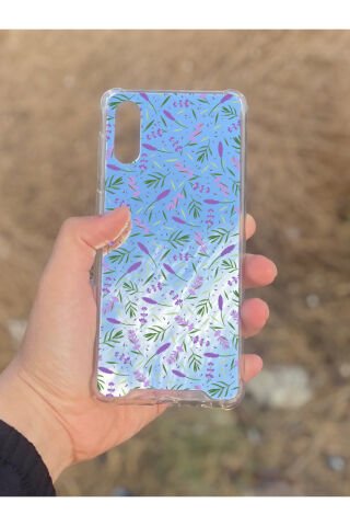 Samsung Galaxy A02 Uyumlu Aynalı Mor Yaprak Desenli Darbe Kamera Korumalı Silikon Telefon Kılıfı