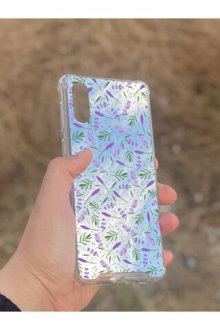 Samsung Galaxy A02 Uyumlu Aynalı Mor Yaprak Desenli Darbe Kamera Korumalı Silikon Telefon Kılıfı
