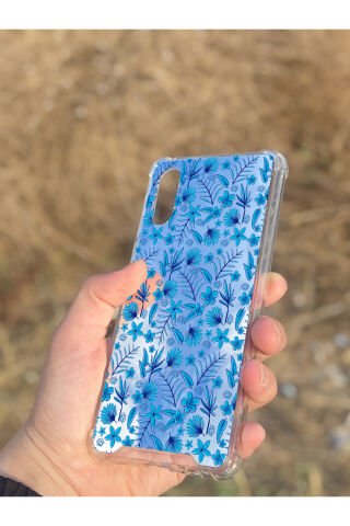 Samsung Galaxy A02 Uyumlu Aynalı Mavi Çiçek Desenli Darbe Kamera Korumalı Silikon Telefon Kılıfı