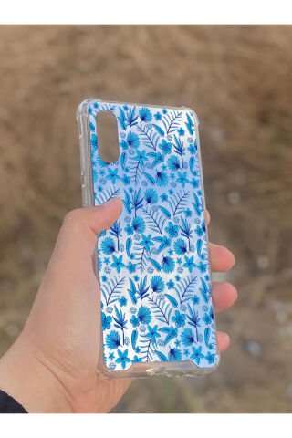 Samsung Galaxy A02 Uyumlu Aynalı Mavi Çiçek Desenli Darbe Kamera Korumalı Silikon Telefon Kılıfı