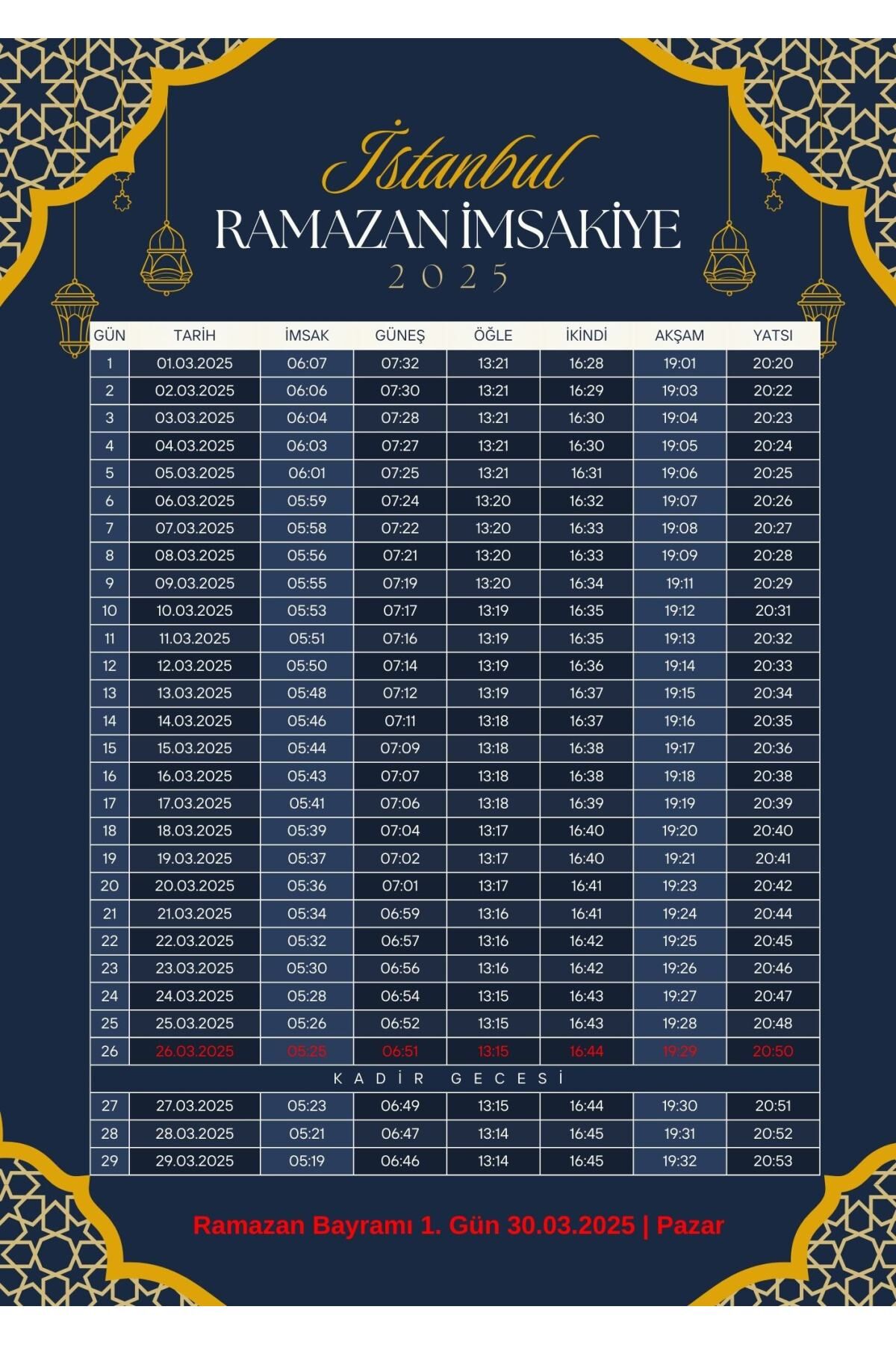 Ramazan İmsakiyesi Modern Kişiye Özel Tasarımlı Dijital Baskı 10 Adet A4 300 gr Model 26