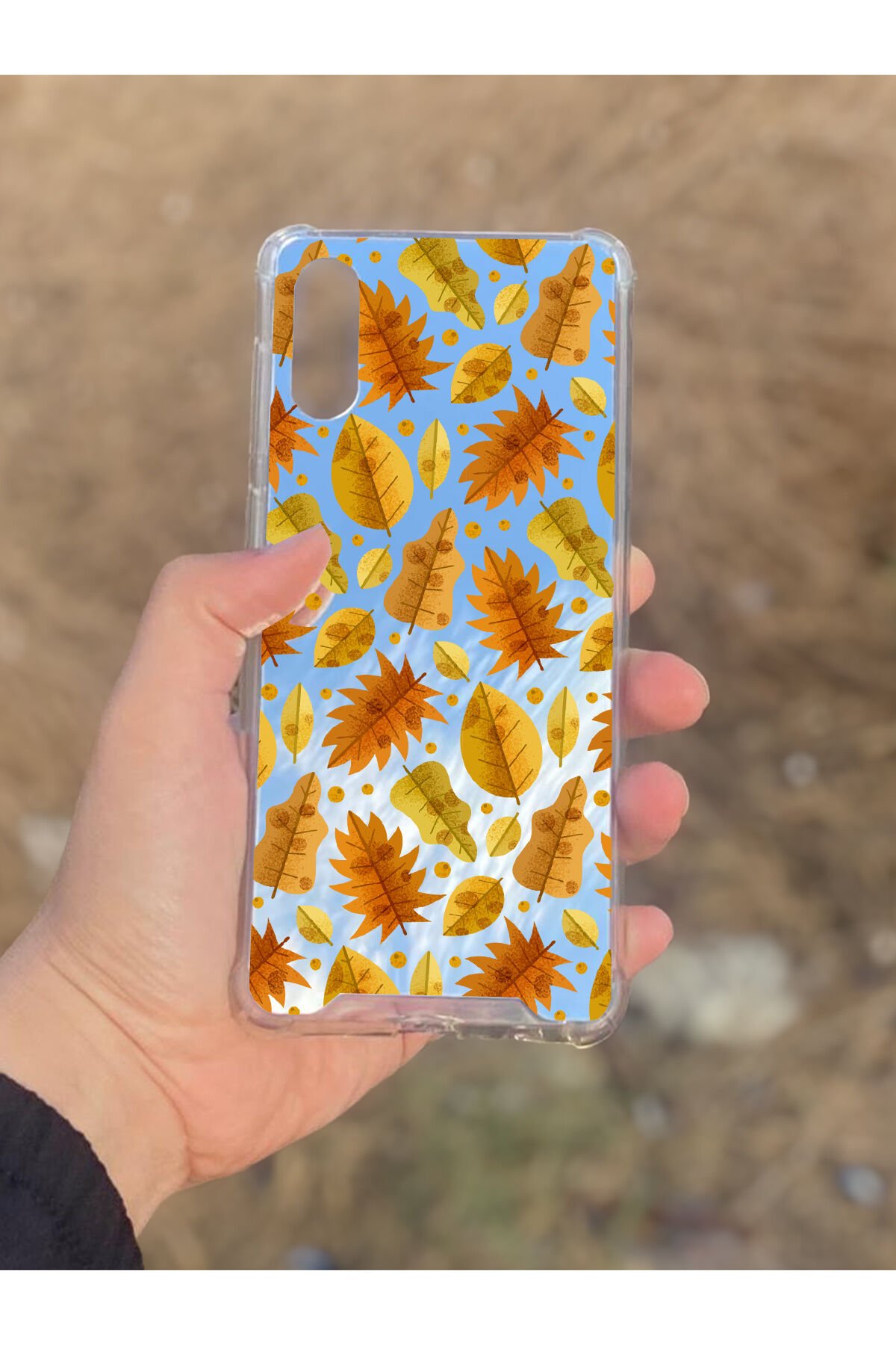 Samsung Galaxy A02 Uyumlu Aynalı Kahve Yaprak Desenli Darbe Kamera Korumalı Silikon Telefon Kılıfı