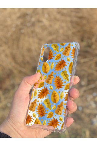 Samsung Galaxy A02 Uyumlu Aynalı Kahve Yaprak Desenli Darbe Kamera Korumalı Silikon Telefon Kılıfı