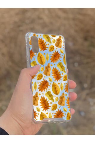 Samsung Galaxy A02 Uyumlu Aynalı Kahve Yaprak Desenli Darbe Kamera Korumalı Silikon Telefon Kılıfı
