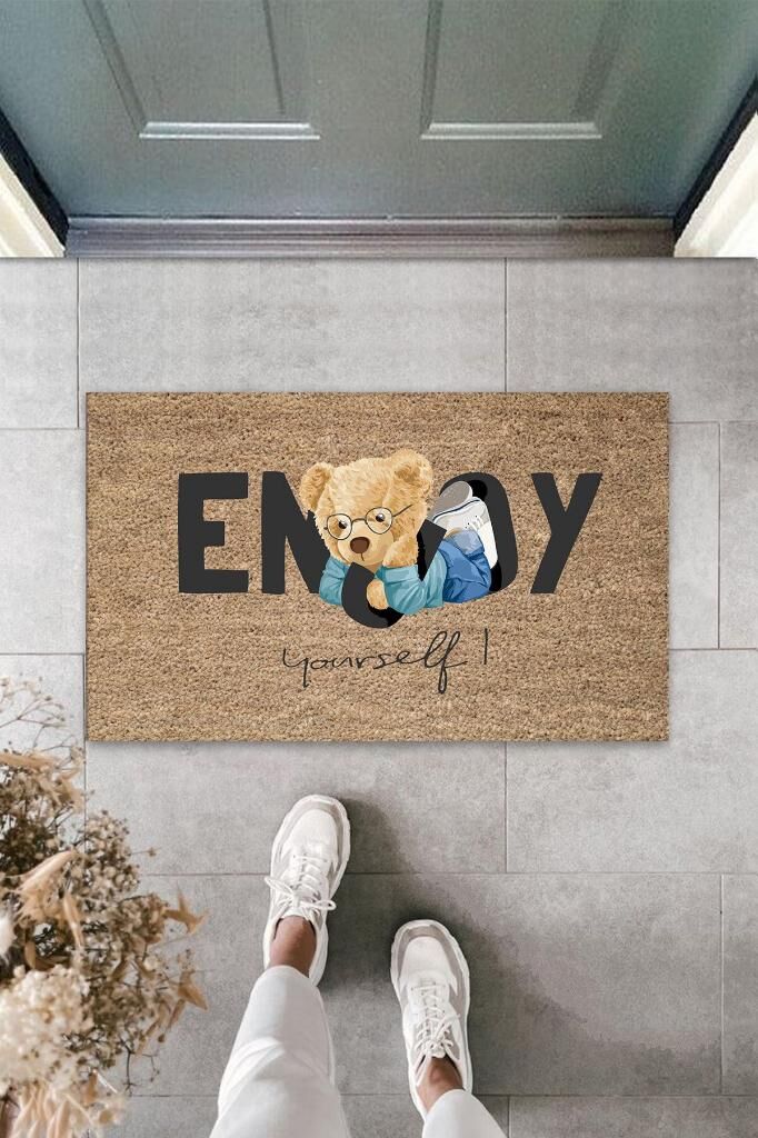 Bej Kapı Önü Paspası Enjoy Yourself Ayıcık Desen  K-3337