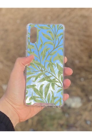 Samsung Galaxy A02 Uyumlu Aynalı Yeşil Yaprak Desenli Darbe Kamera Korumalı Silikon Telefon Kılıfı