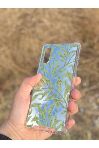 Samsung Galaxy A02 Uyumlu Aynalı Yeşil Yaprak Desenli Darbe Kamera Korumalı Silikon Telefon Kılıfı