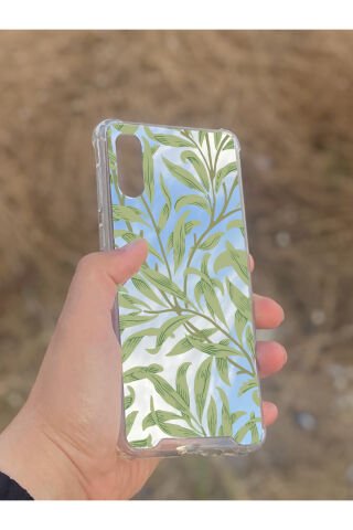 Samsung Galaxy A02 Uyumlu Aynalı Yeşil Yaprak Desenli Darbe Kamera Korumalı Silikon Telefon Kılıfı