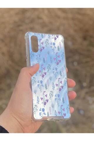 Samsung Galaxy A02 Uyumlu Aynalı Mor Çiçek Desenli Darbe Kamera Korumalı Silikon Telefon Kılıfı