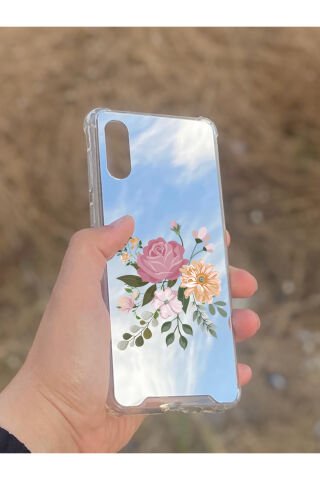 Samsung Galaxy A02 Uyumlu Aynalı Pembe Gül Desenli Darbe Kamera Korumalı Silikon Telefon Kılıfı