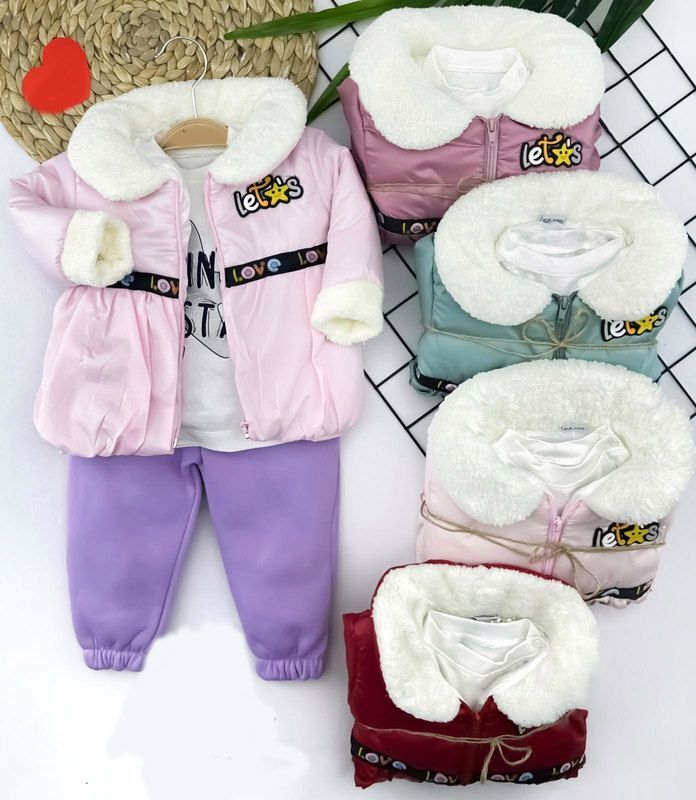 9-12-18-24 Ay Tüylü Yaka Manşet Mont Lastik Paça Pantolon Uzun Kollu Sweatli 3lü Kız Bebek Takımı