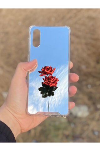 Samsung Galaxy A02 Uyumlu Aynalı Gül Desenli Darbe Kamera Korumalı Silikon Telefon Kılıfı