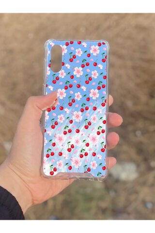 Samsung Galaxy A02 Uyumlu Aynalı Kiraz Desenli Darbe Kamera Korumalı Silikon Telefon Kılıfı