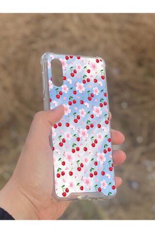 Samsung Galaxy A02 Uyumlu Aynalı Kiraz Desenli Darbe Kamera Korumalı Silikon Telefon Kılıfı