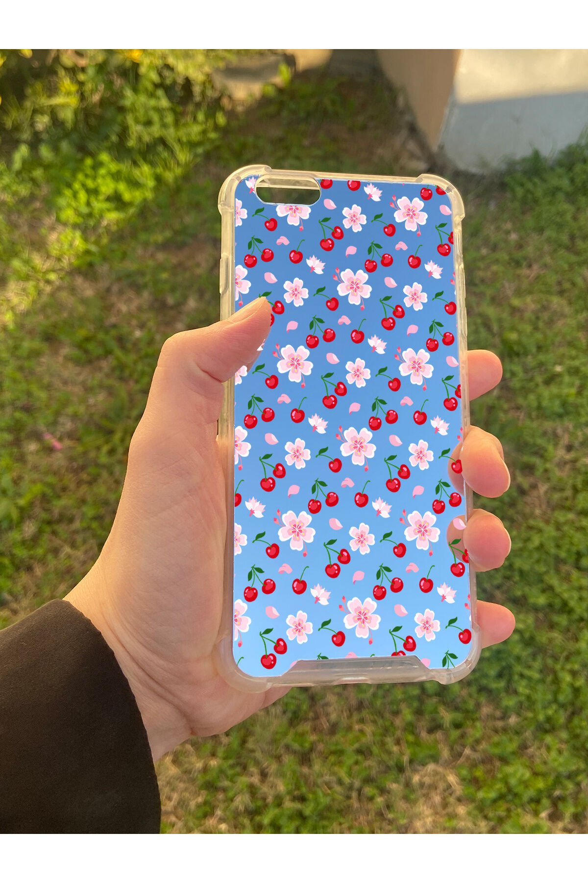 İphone 6 Plus Uyumlu Aynalı Kiraz Desenli Darbe Kamera Korumalı Silikon Telefon Kılıfı