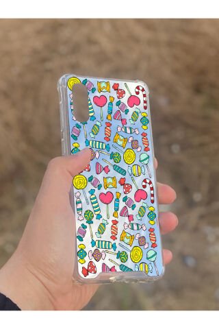Samsung Galaxy A02 Uyumlu Aynalı Şeker Desenli Darbe Kamera Korumalı Silikon Telefon Kılıfı