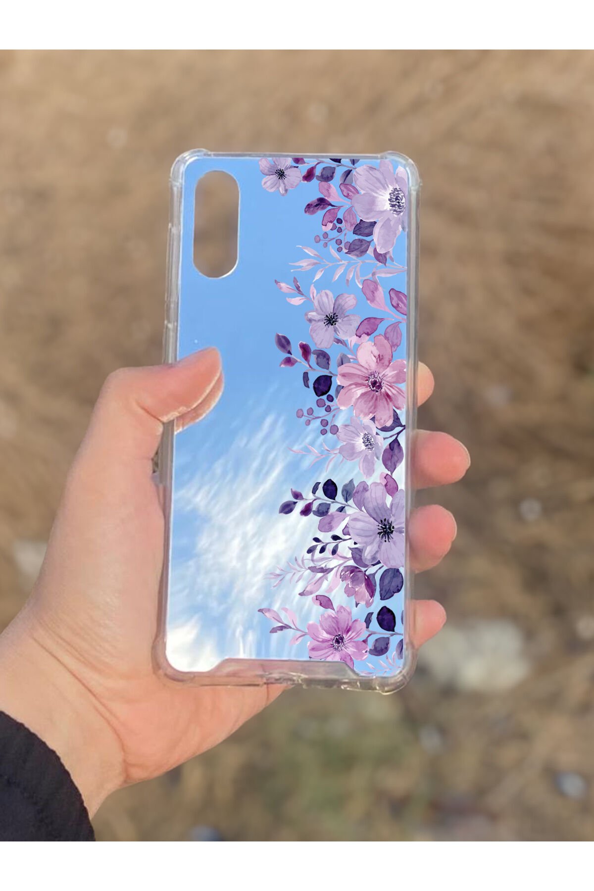 Samsung Galaxy A02 Uyumlu Aynalı Mor Çiçek Desenli Darbe Kamera Korumalı Silikon Telefon Kılıfı