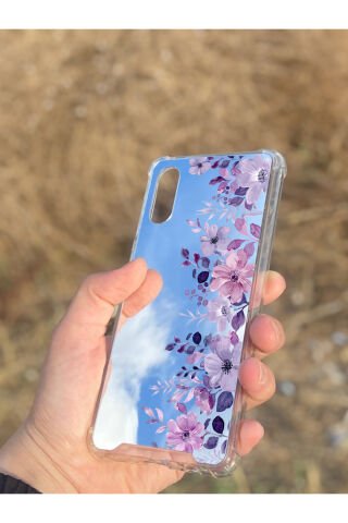 Samsung Galaxy A02 Uyumlu Aynalı Mor Çiçek Desenli Darbe Kamera Korumalı Silikon Telefon Kılıfı