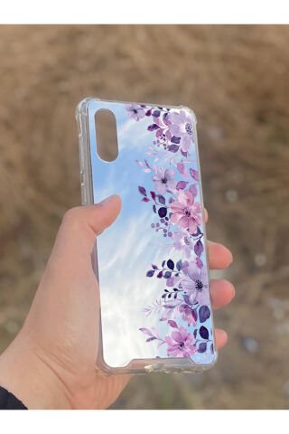 Samsung Galaxy A02 Uyumlu Aynalı Mor Çiçek Desenli Darbe Kamera Korumalı Silikon Telefon Kılıfı