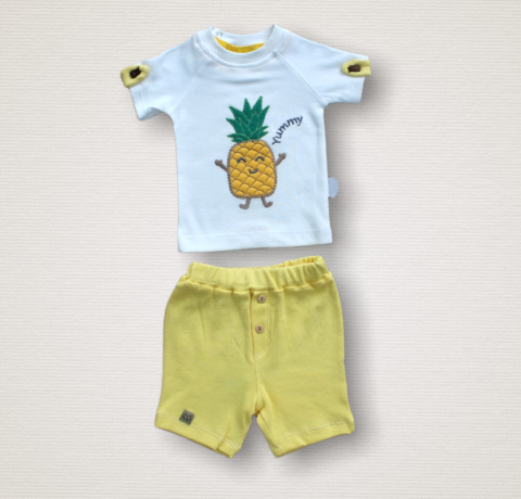 6-9 9-12 12-18 Ay Ananas Nakışlı Kısa Kollu Sweatli Şortlu 2li Kız-erkek Bebek Takımı
