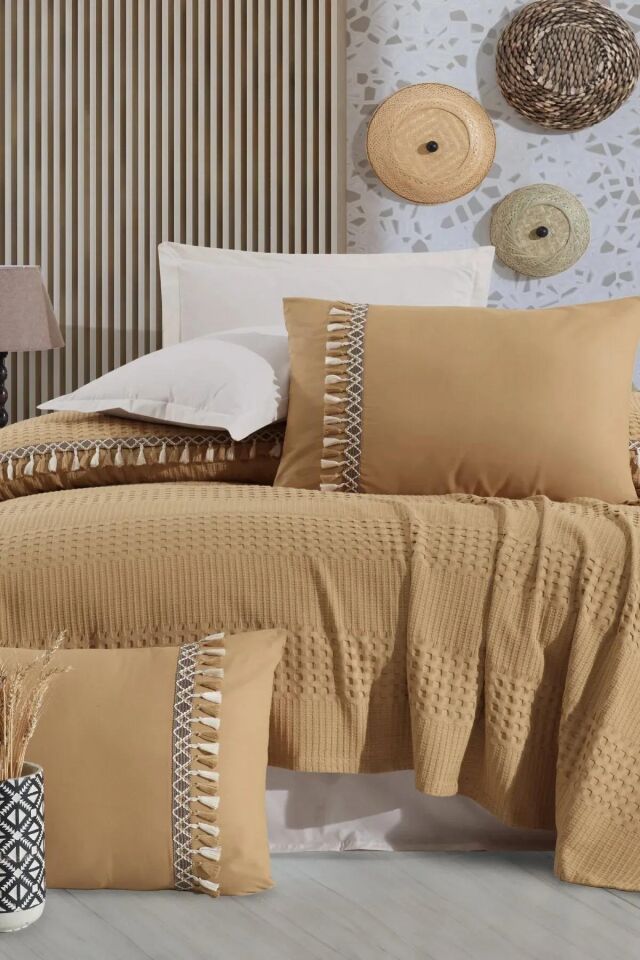 Butik Tek Kişilik Püsküllü Pike Takımı Bohamline V1 Hardal