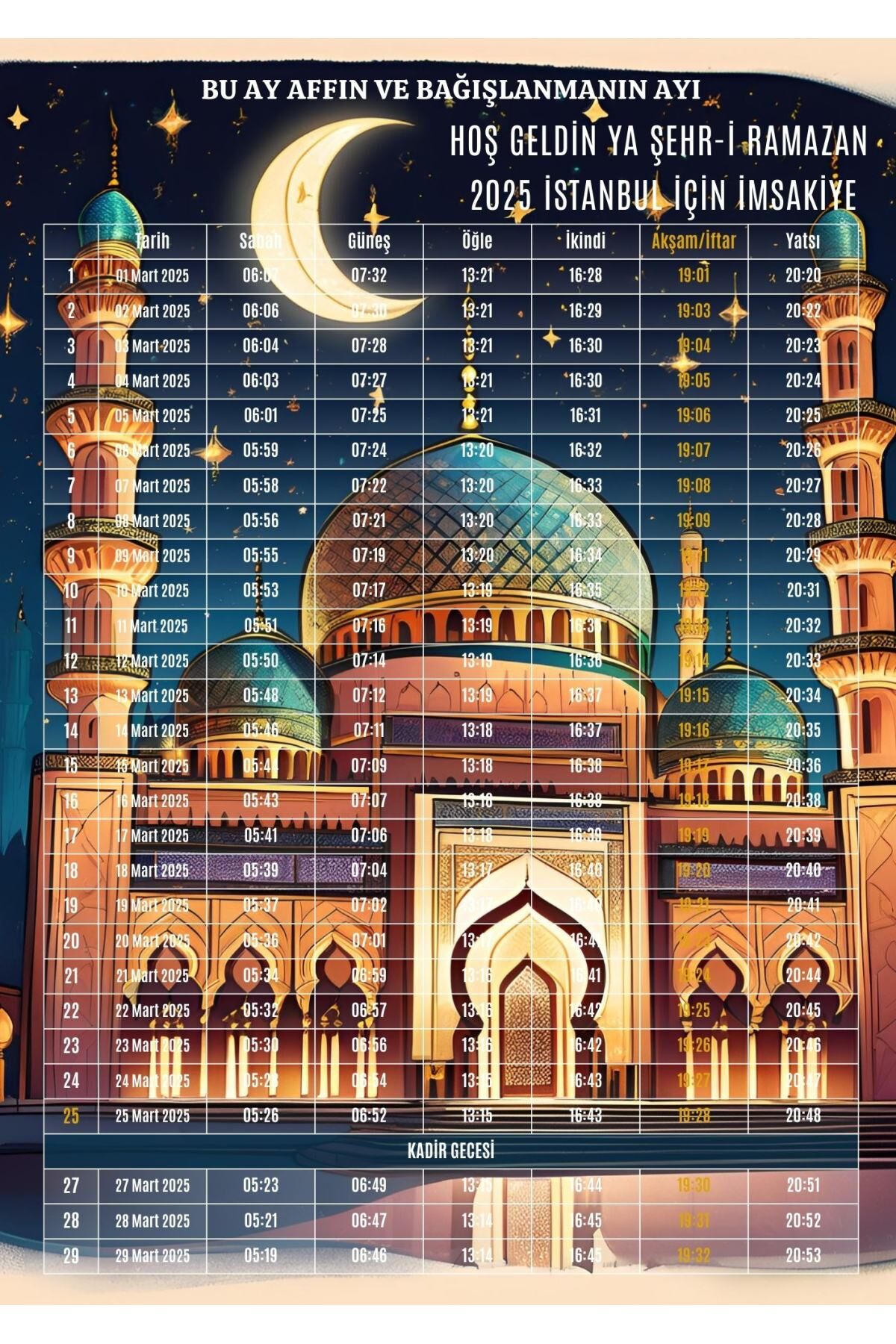 Ramazan İmsakiyesi Modern Kişiye Özel Tasarımlı Dijital Baskı 50 Adet A4 300 gr Model 5