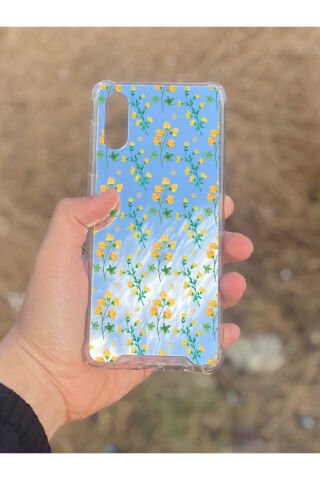 Samsung Galaxy A02 Uyumlu Aynalı Sarı Çiçek Desenli Darbe Kamera Korumalı Silikon Telefon Kılıfı