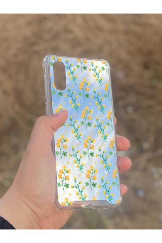 Samsung Galaxy A02 Uyumlu Aynalı Sarı Çiçek Desenli Darbe Kamera Korumalı Silikon Telefon Kılıfı