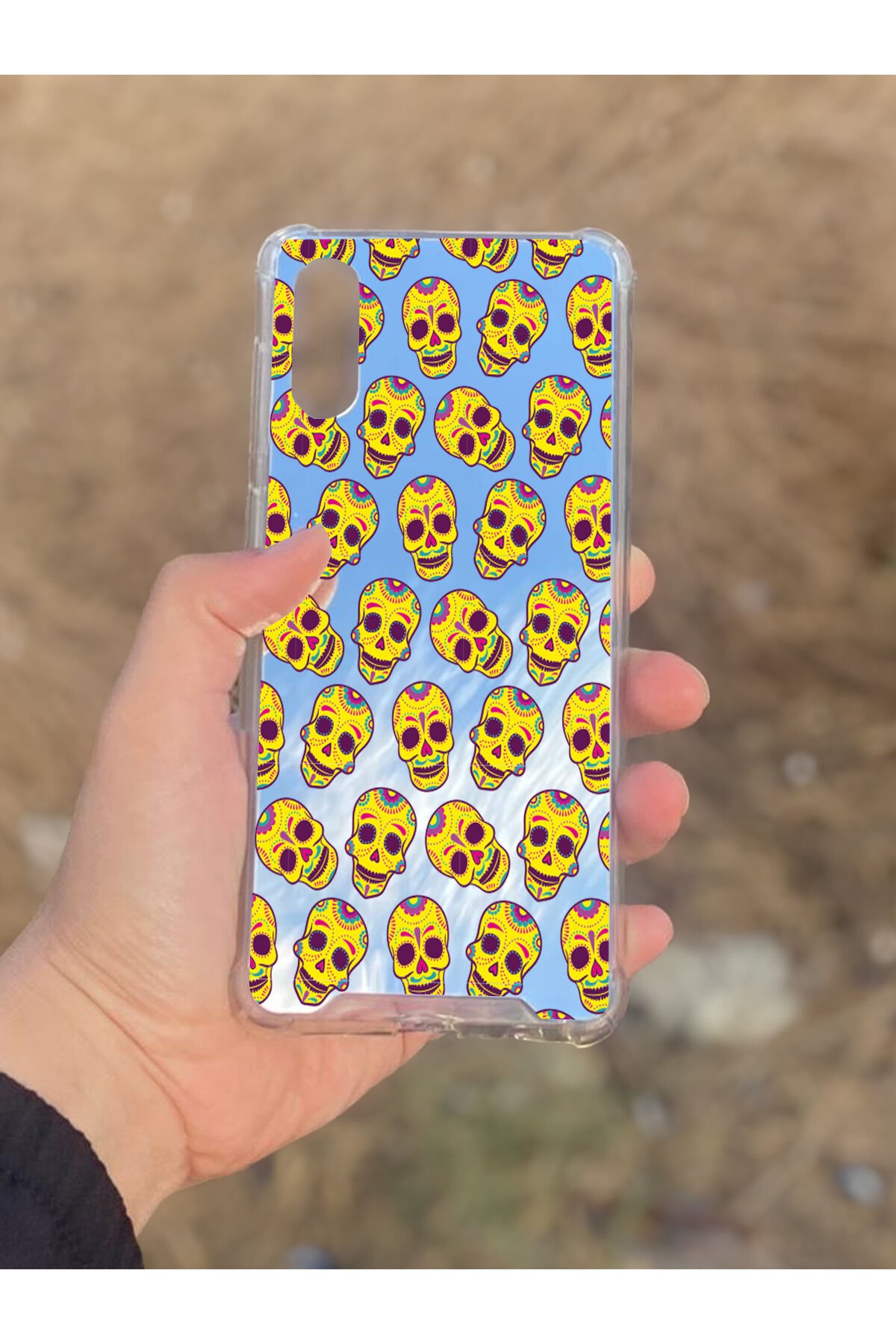 Samsung Galaxy A02 Uyumlu Aynalı Sarı Kuru Kafa Desenli Darbe Kamera Korumalı Silikon Telefon Kılıfı