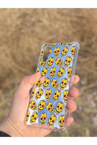 Samsung Galaxy A02 Uyumlu Aynalı Sarı Kuru Kafa Desenli Darbe Kamera Korumalı Silikon Telefon Kılıfı