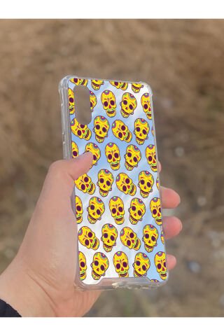 Samsung Galaxy A02 Uyumlu Aynalı Sarı Kuru Kafa Desenli Darbe Kamera Korumalı Silikon Telefon Kılıfı