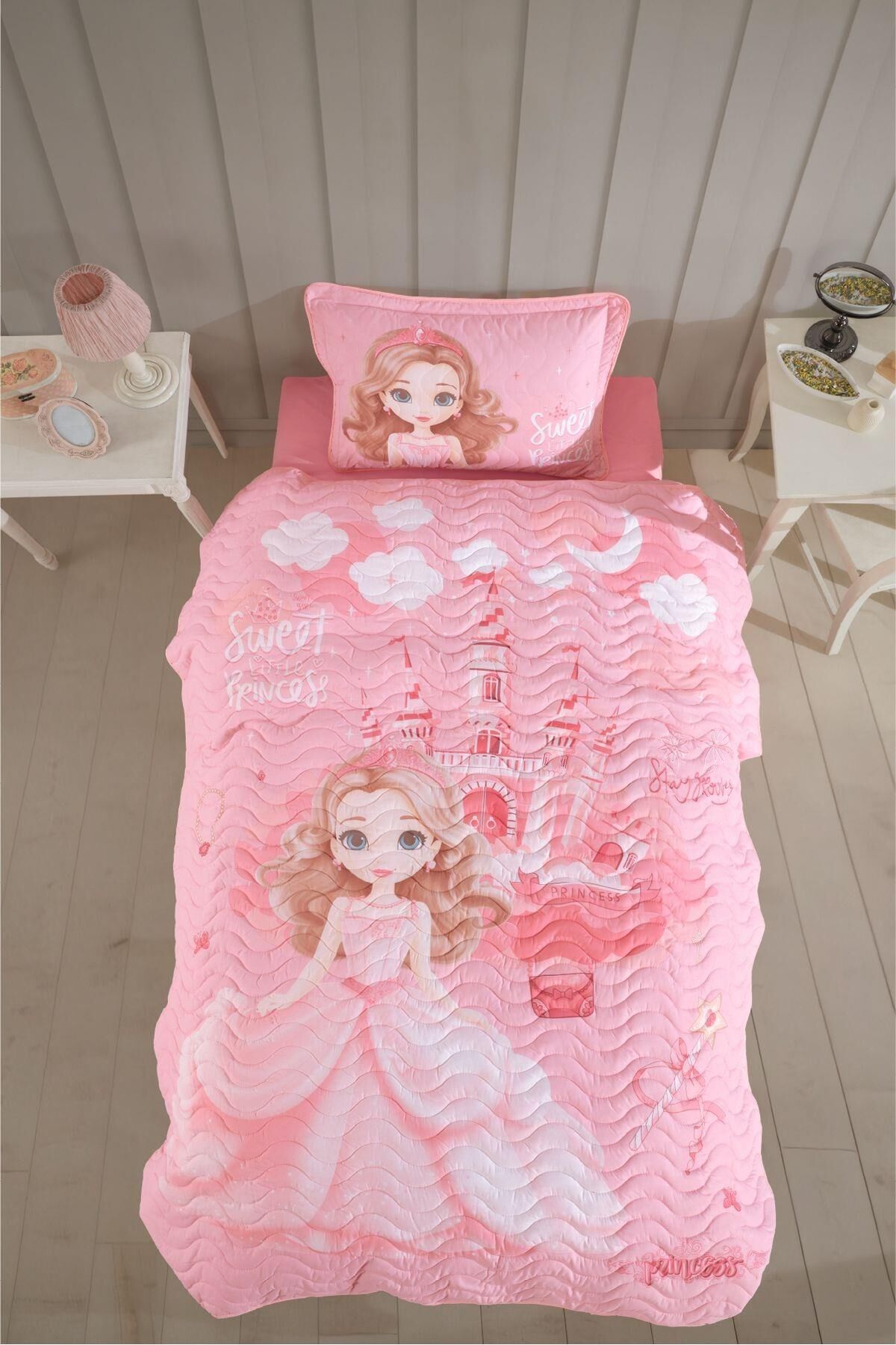 Ranforce 100% Pamuk Tek Kişilik Yatak Örtüsü Sweet Princess V1 Pudra