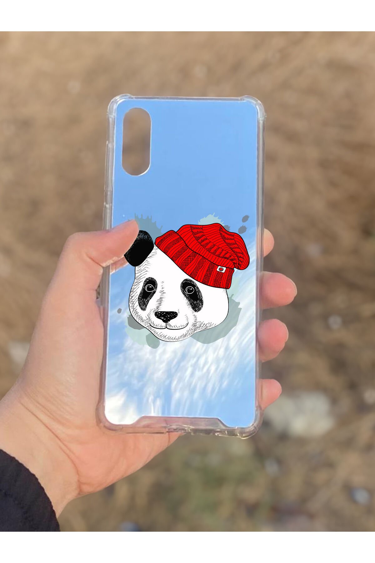 Samsung Galaxy A02 Uyumlu Aynalı Şapkalı Panda Desenli Darbe Kamera Korumalı Silikon Telefon Kılıfı