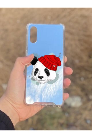 Samsung Galaxy A02 Uyumlu Aynalı Şapkalı Panda Desenli Darbe Kamera Korumalı Silikon Telefon Kılıfı