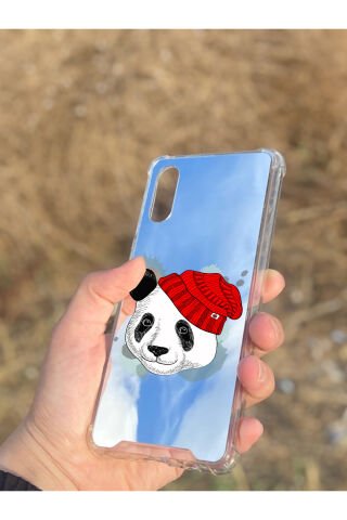 Samsung Galaxy A02 Uyumlu Aynalı Şapkalı Panda Desenli Darbe Kamera Korumalı Silikon Telefon Kılıfı