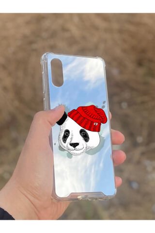 Samsung Galaxy A02 Uyumlu Aynalı Şapkalı Panda Desenli Darbe Kamera Korumalı Silikon Telefon Kılıfı