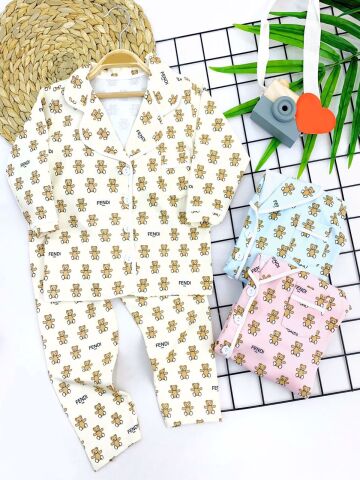 3-4-5-6 Yaş Fendi Baskılı Düğme Kapama 2li Kız Erkek Çocuk Pijama Takımı