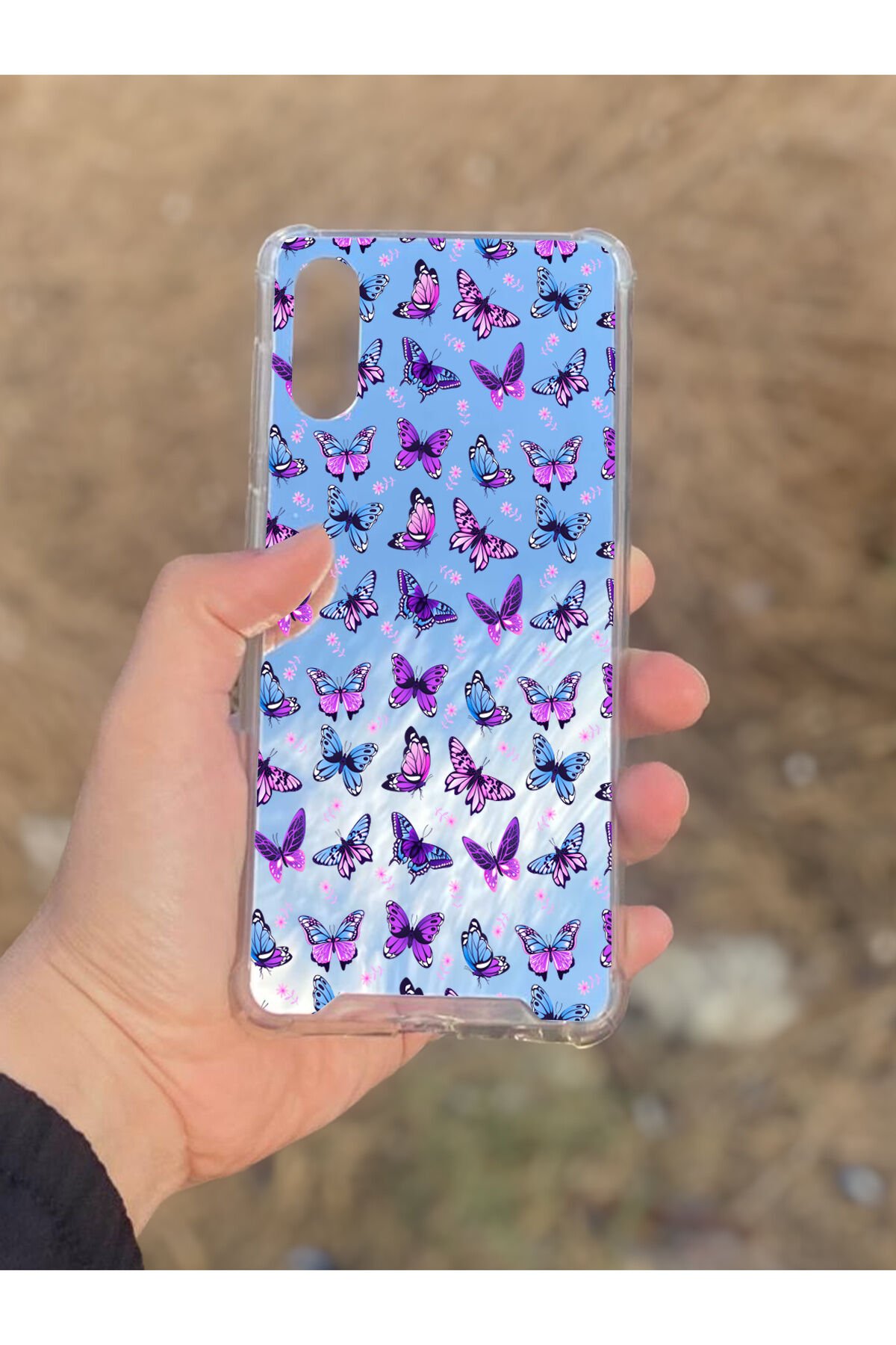Samsung Galaxy A02 Uyumlu Aynalı Kelebek Desenli Darbe Kamera Korumalı Silikon Telefon Kılıfı