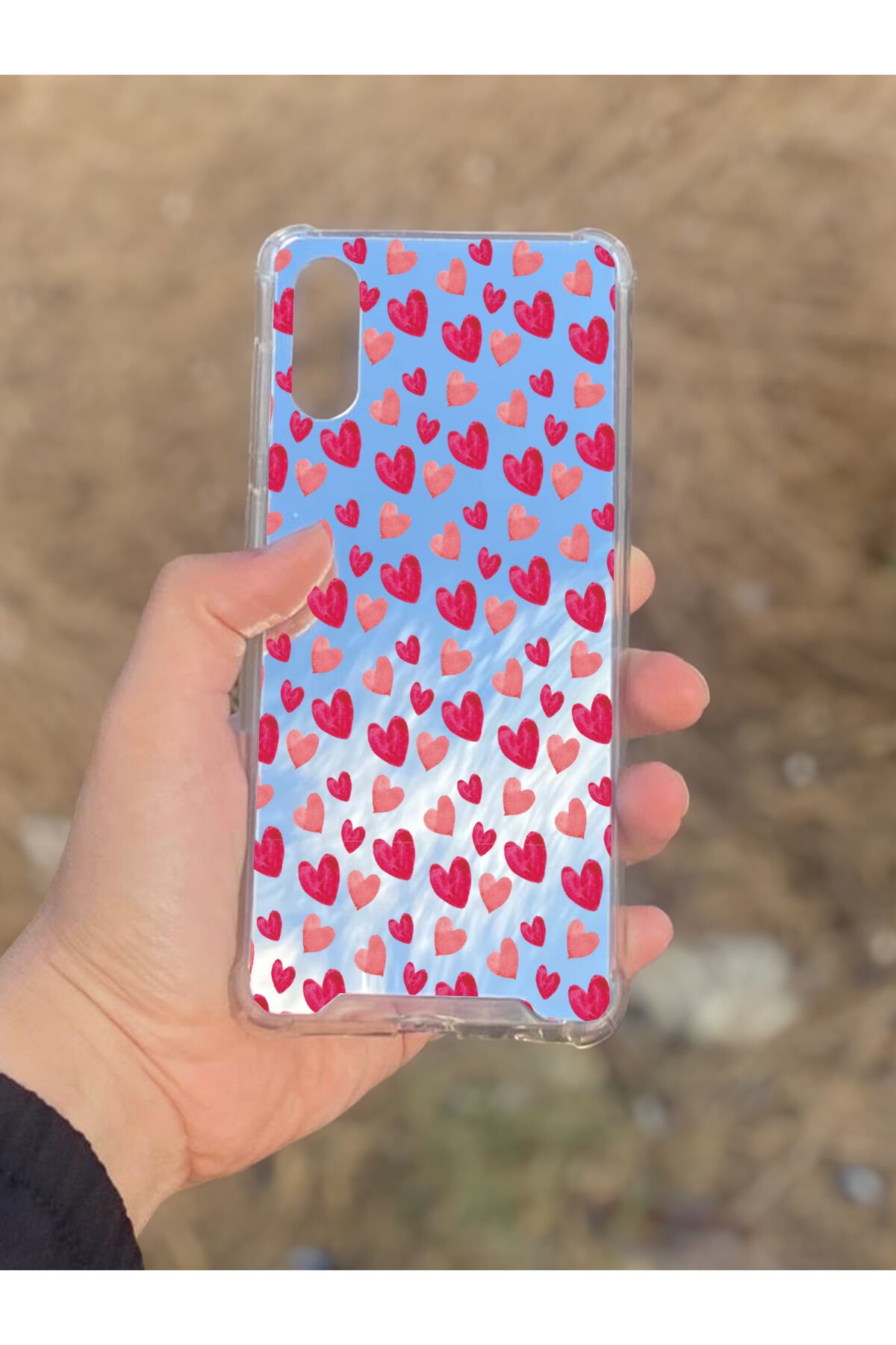 Samsung Galaxy A02 Uyumlu Aynalı Pembe Kalp Desenli Darbe Kamera Korumalı Silikon Telefon Kılıfı
