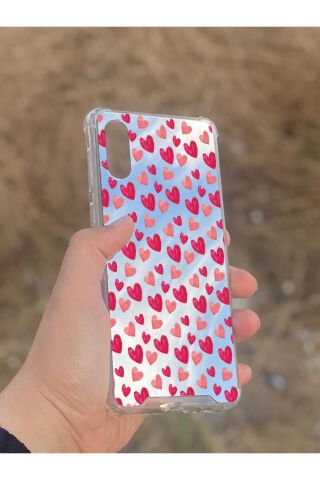 Samsung Galaxy A02 Uyumlu Aynalı Pembe Kalp Desenli Darbe Kamera Korumalı Silikon Telefon Kılıfı