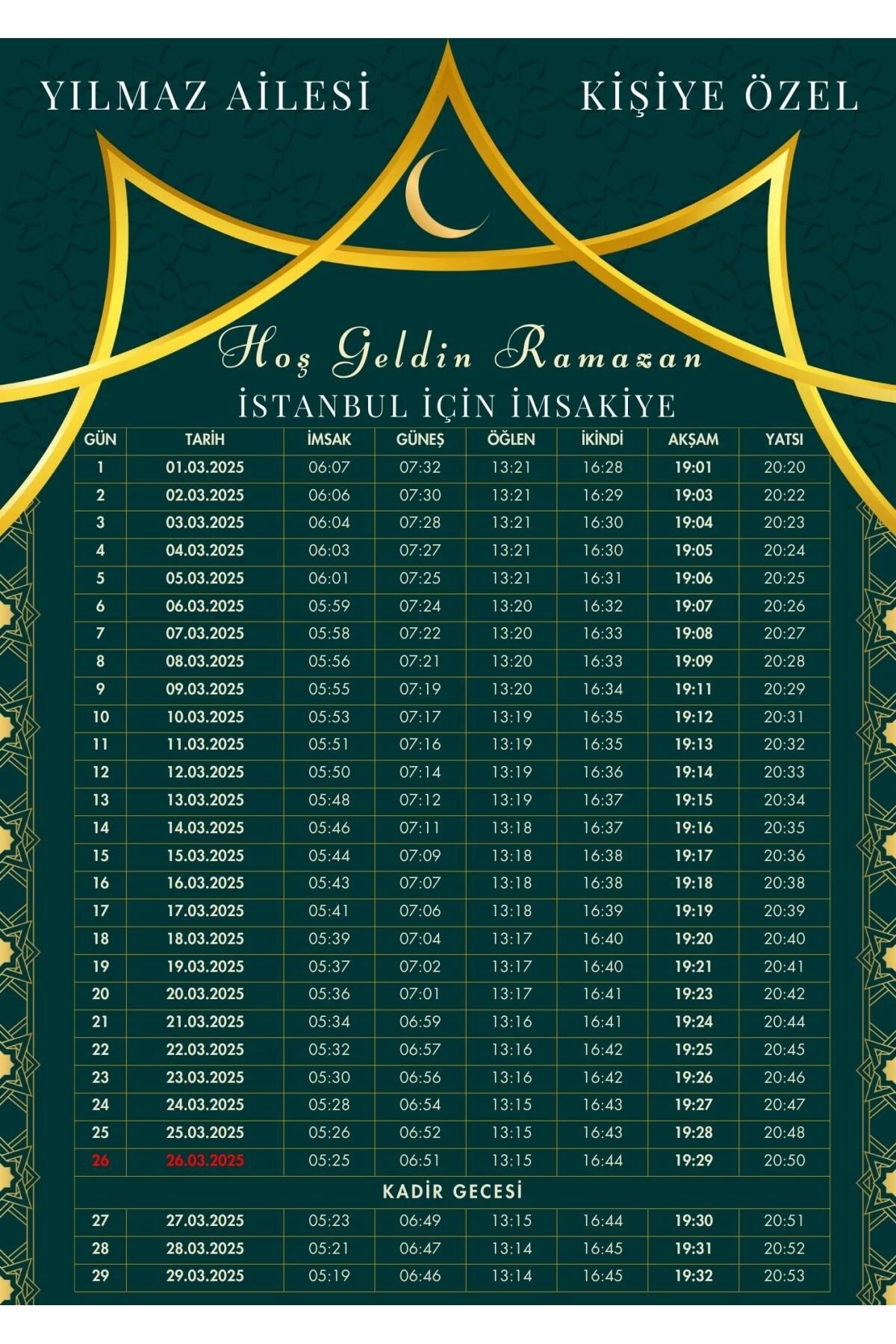 Ramazan İmsakiyesi Modern Kişiye Özel Tasarımlı Dijital Baskı 50 Adet A4 300 gr Model 27